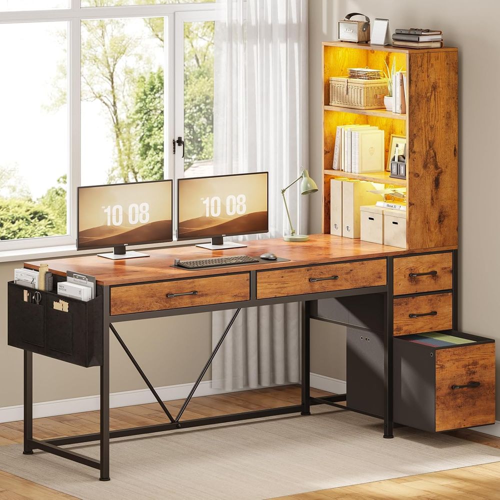 Office Furniture Suppliers - 5-Drawer Rustic Brown Desk with Bookshelf