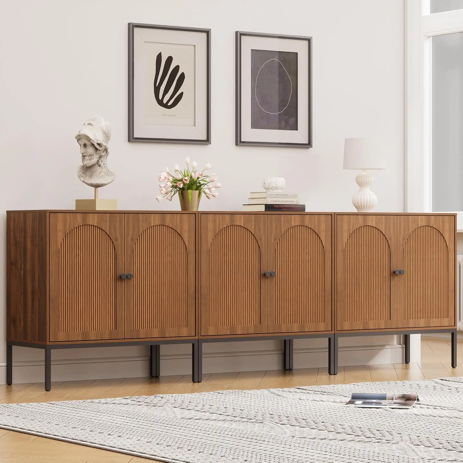 Set Of 3 Walnut Sideboard Cabi - Credenza Office Storage 리뷰 및 가격