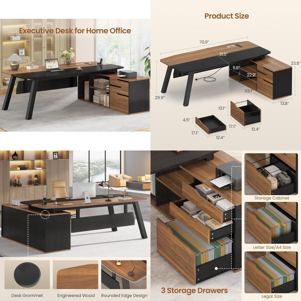 Walnut L-Shaped Desk with Stor - Credenza Office Storage 리뷰 및 가격